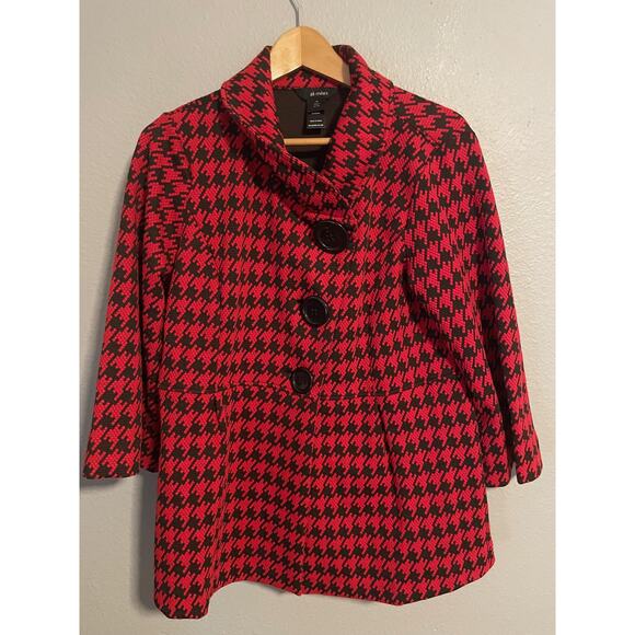 Ali Miles Jacket Womens Medium Red Black Houndstooth 3 Button Funnel Neck Peplum - Picture 1 of 8